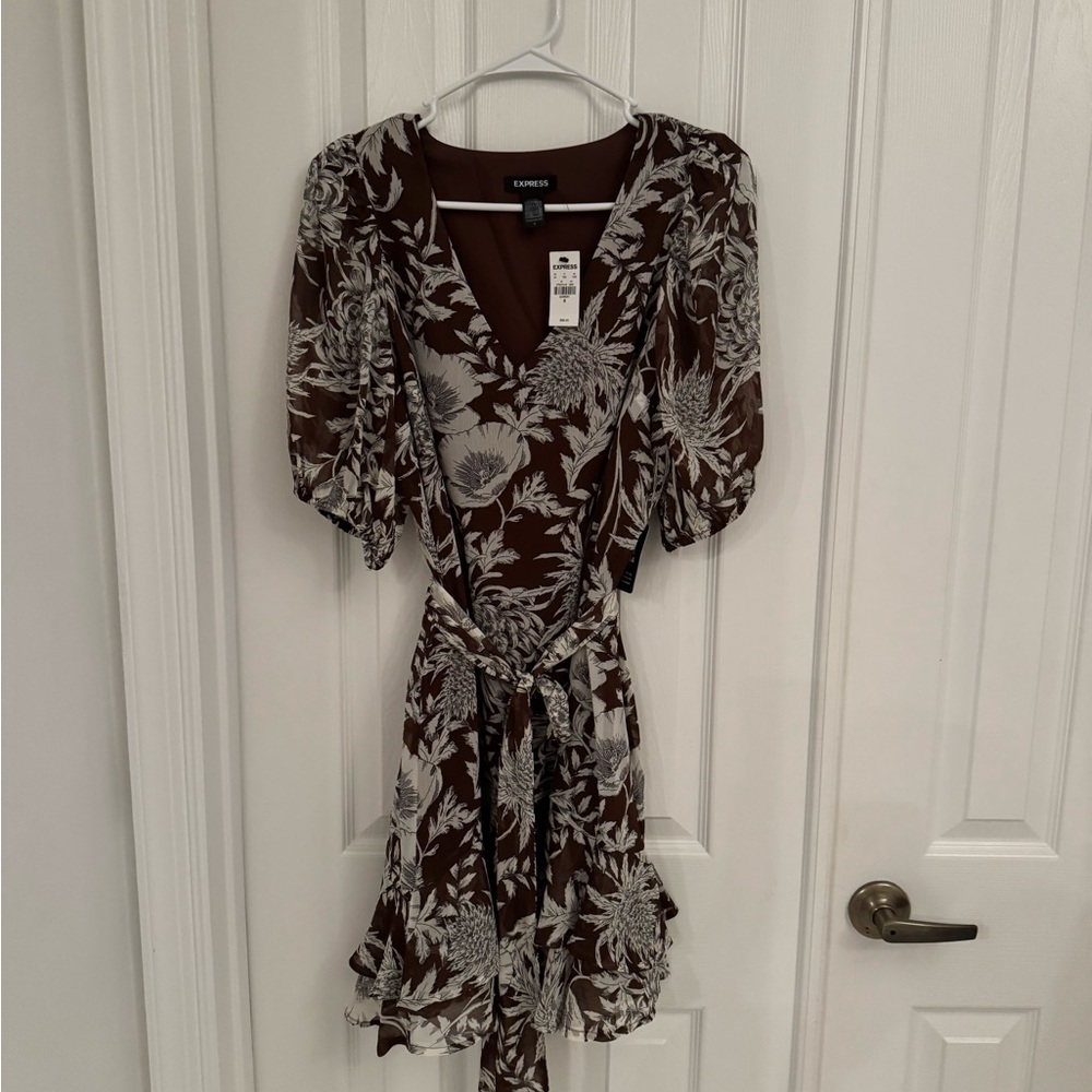 Express Brown Puff Sleeve Wrap Sundress